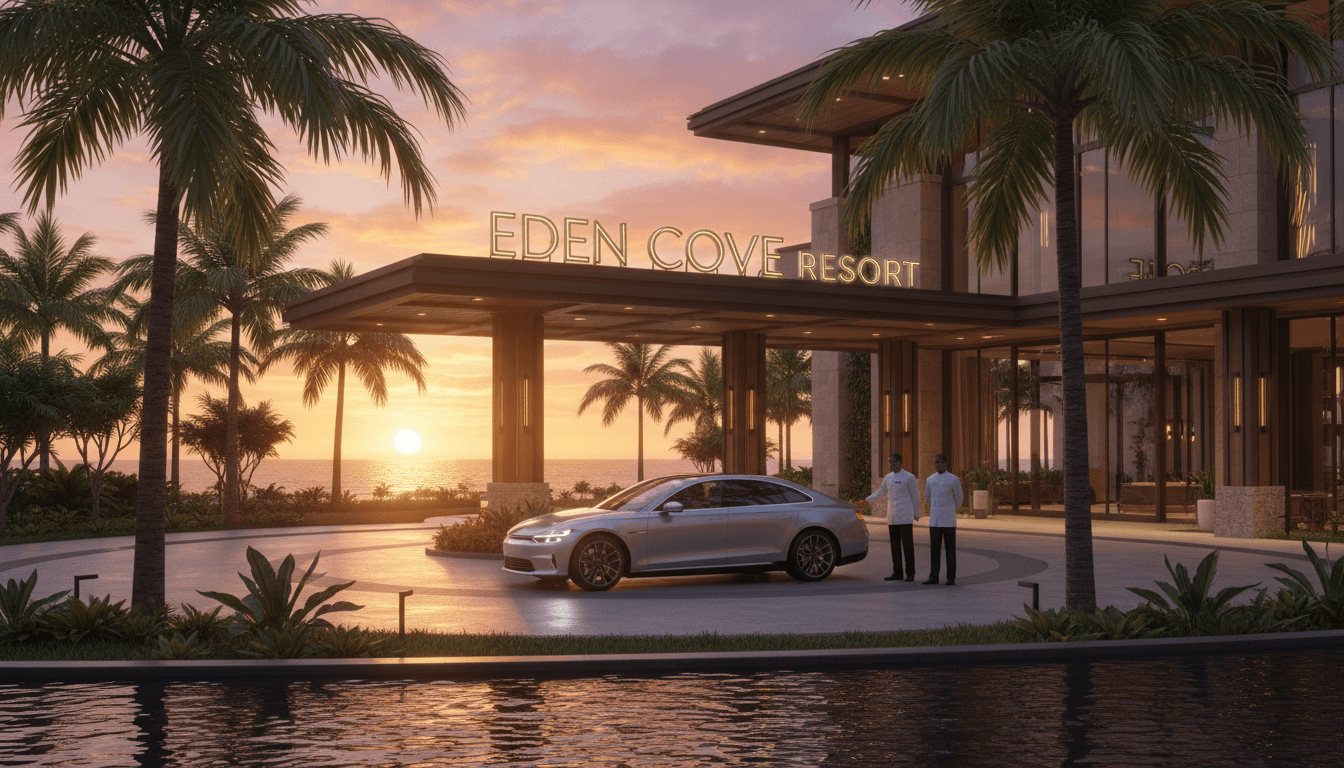 Luxury hotel entrance with a sleek car arriving at sunset