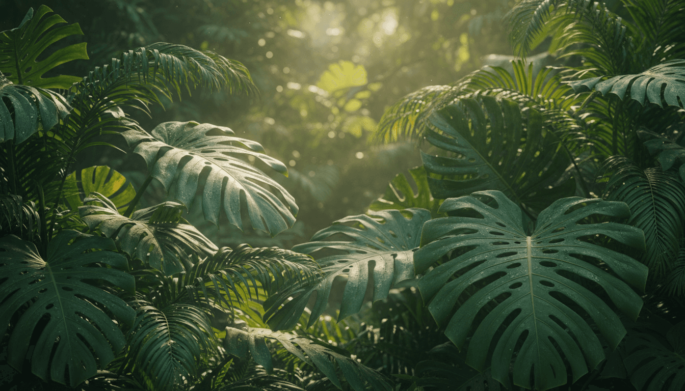 Close-up of lush green tropical leaves in soft sunlight