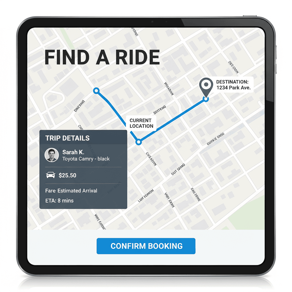 Digital dashboard displaying trip information for a transportation service