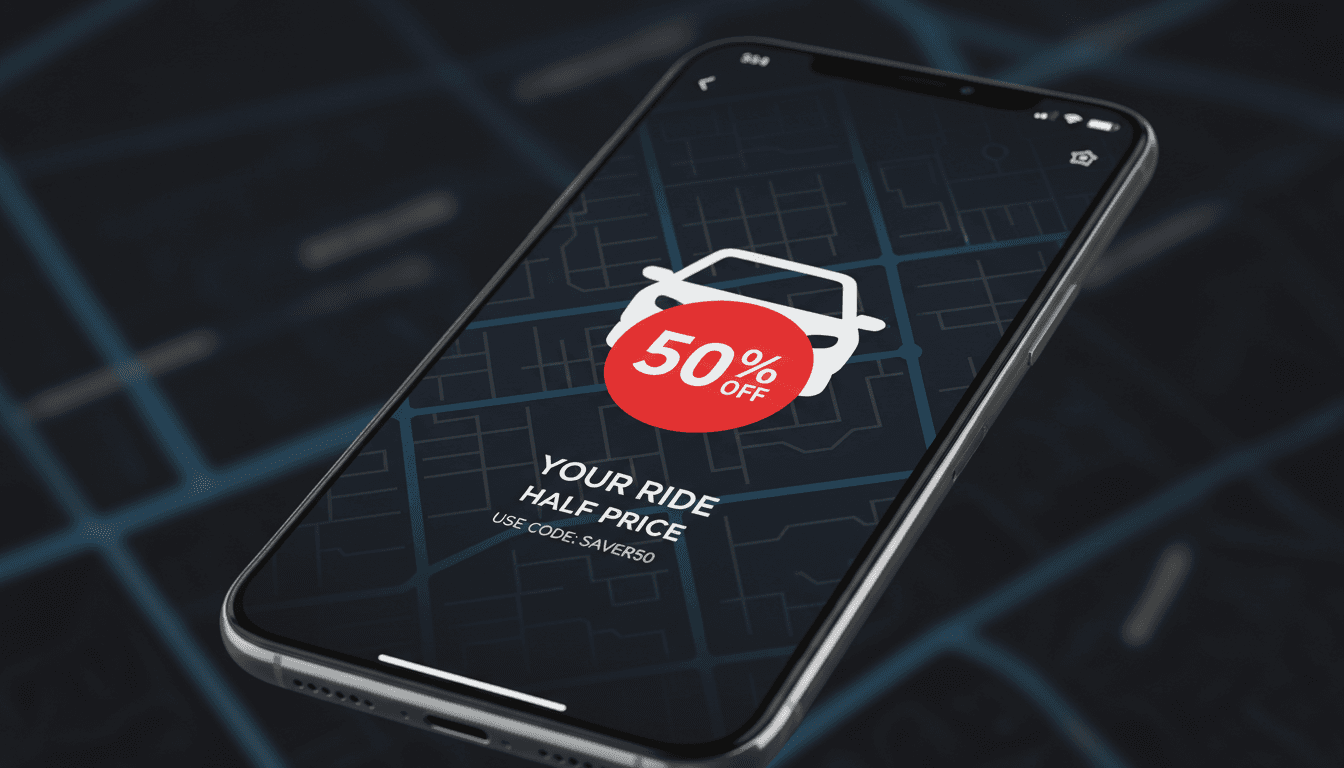 Ride app on a phone showing 50 percent off badge