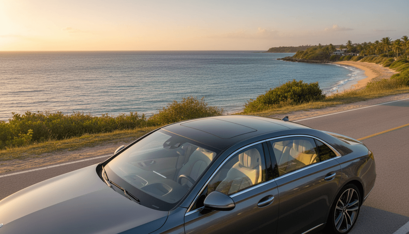 Luxury sedan parked on coastal road overlooking Caribbean Sea