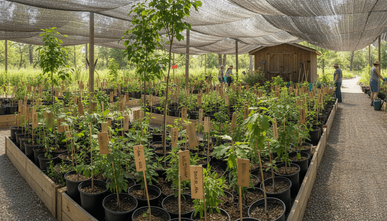 Rows of young trees in a community nursery with care tags on them