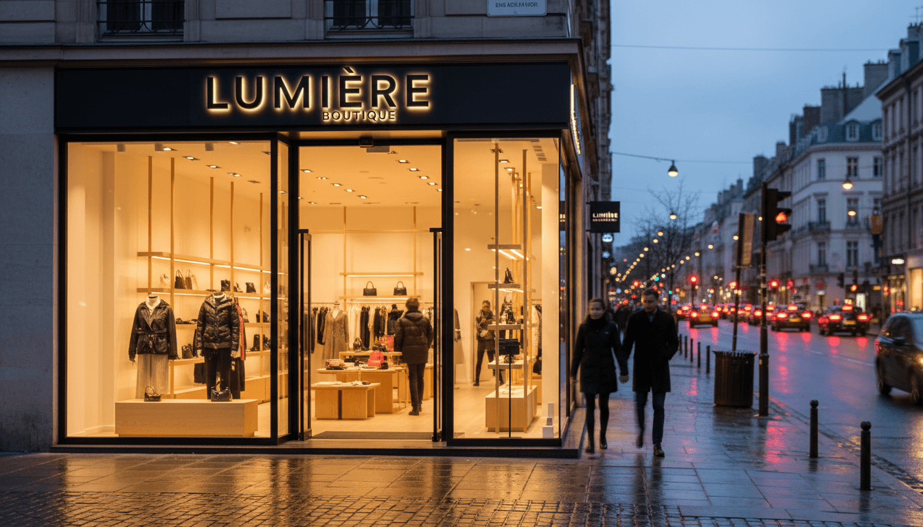 Modern boutique storefront glowing at dusk