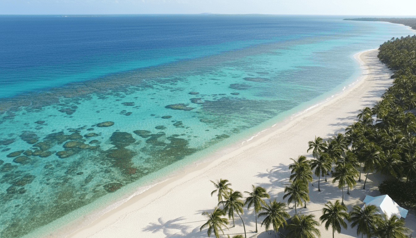 Aerial view of turquoise Caribbean sea with palm trees and white sand beach