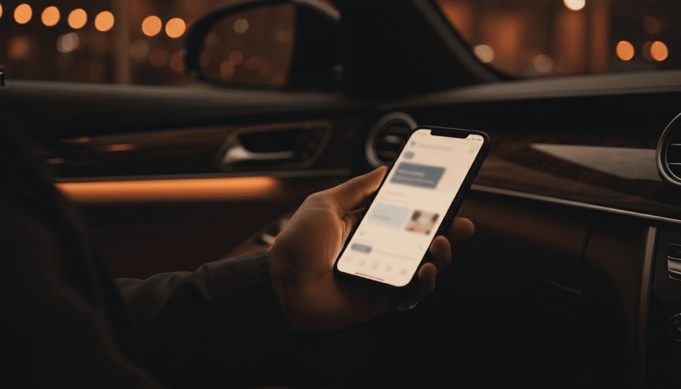 Driver holding smartphone with onboarding interface visible