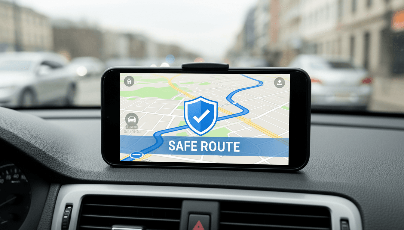 Smartphone with map navigation and IERE Shield icon overlay