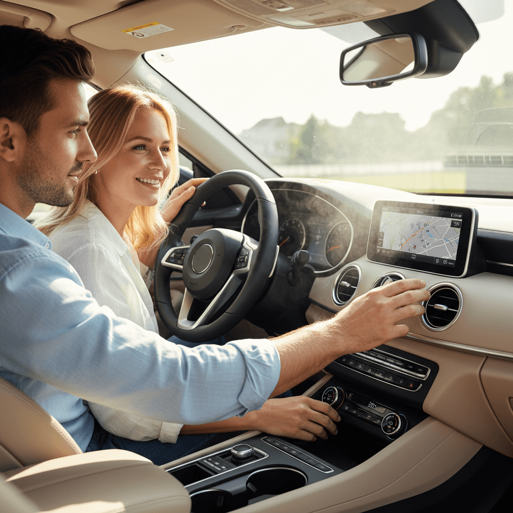 Driver adjusting AC, attentive to passenger comfort, daytime