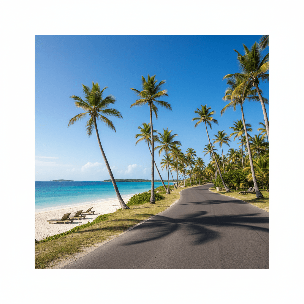 Vista panorámica de una carretera costera caribeña con palmeras y cielo azul despejado.
