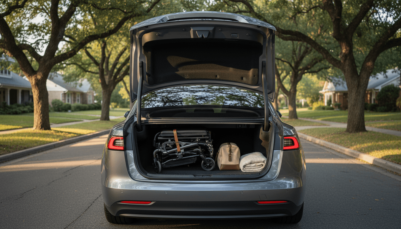 Open car trunk with a folded wheelchair inside