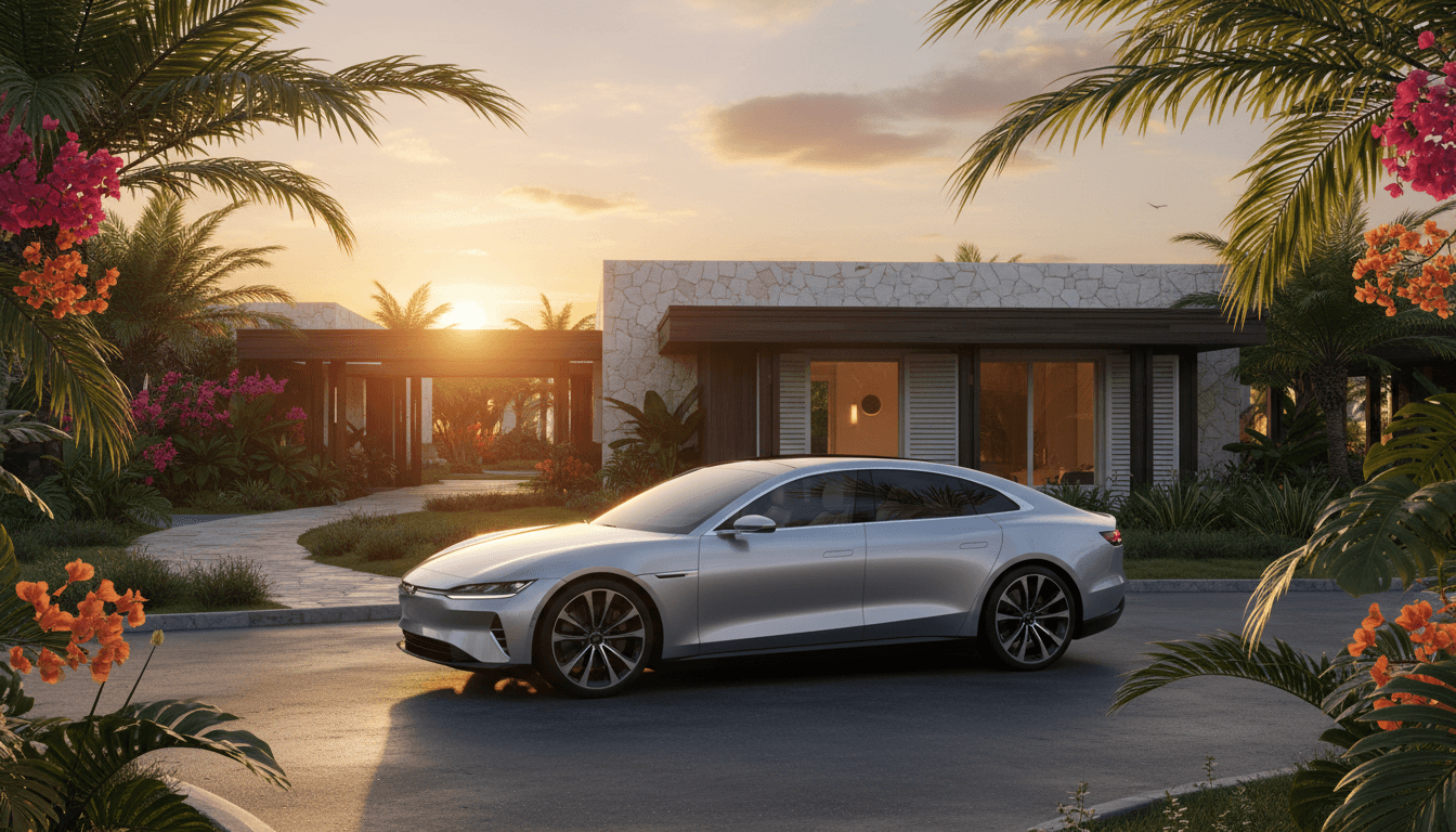 Modern sedan parked outside a Caribbean venue at golden hour