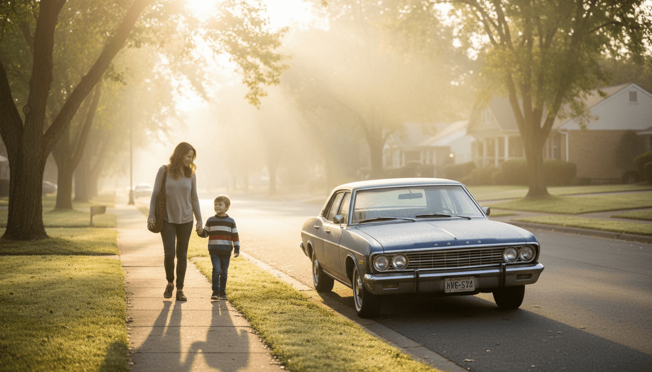 parent and child walking together near car in morning sunlight