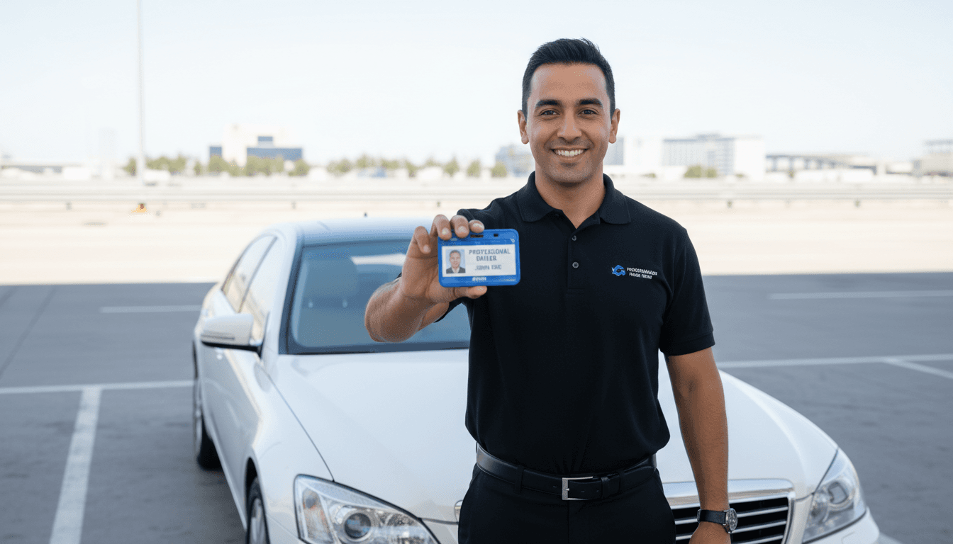 professional driver holding identification badge smiling near clean car