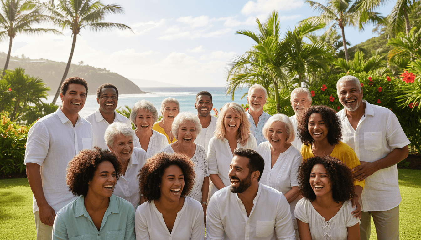 Diverse group of people smiling together outdoors