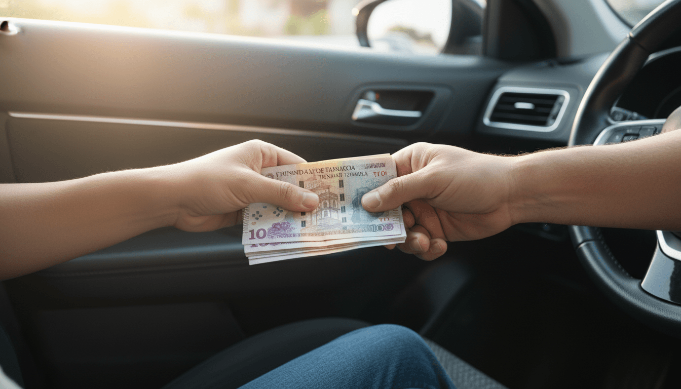 Cash payment illustration for IERE RIDE — a rider handing TT dollars to a driver