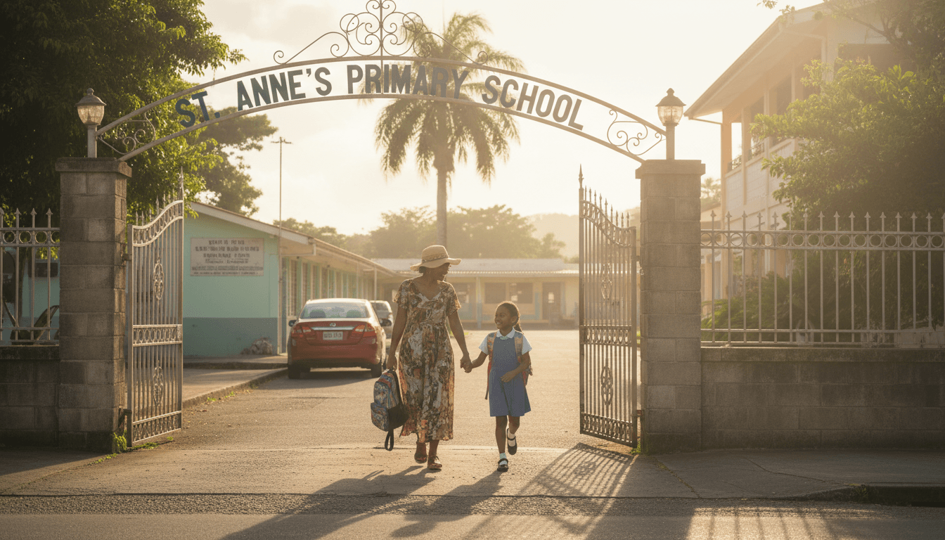 Parent holding a child's hand walking toward a black SUV outside a school gate