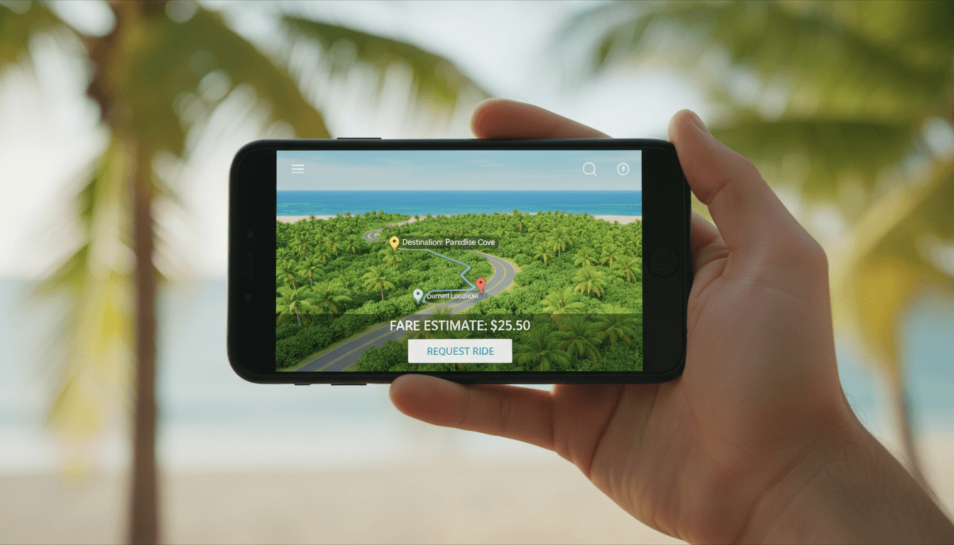 Hand holding smartphone with ride app interface