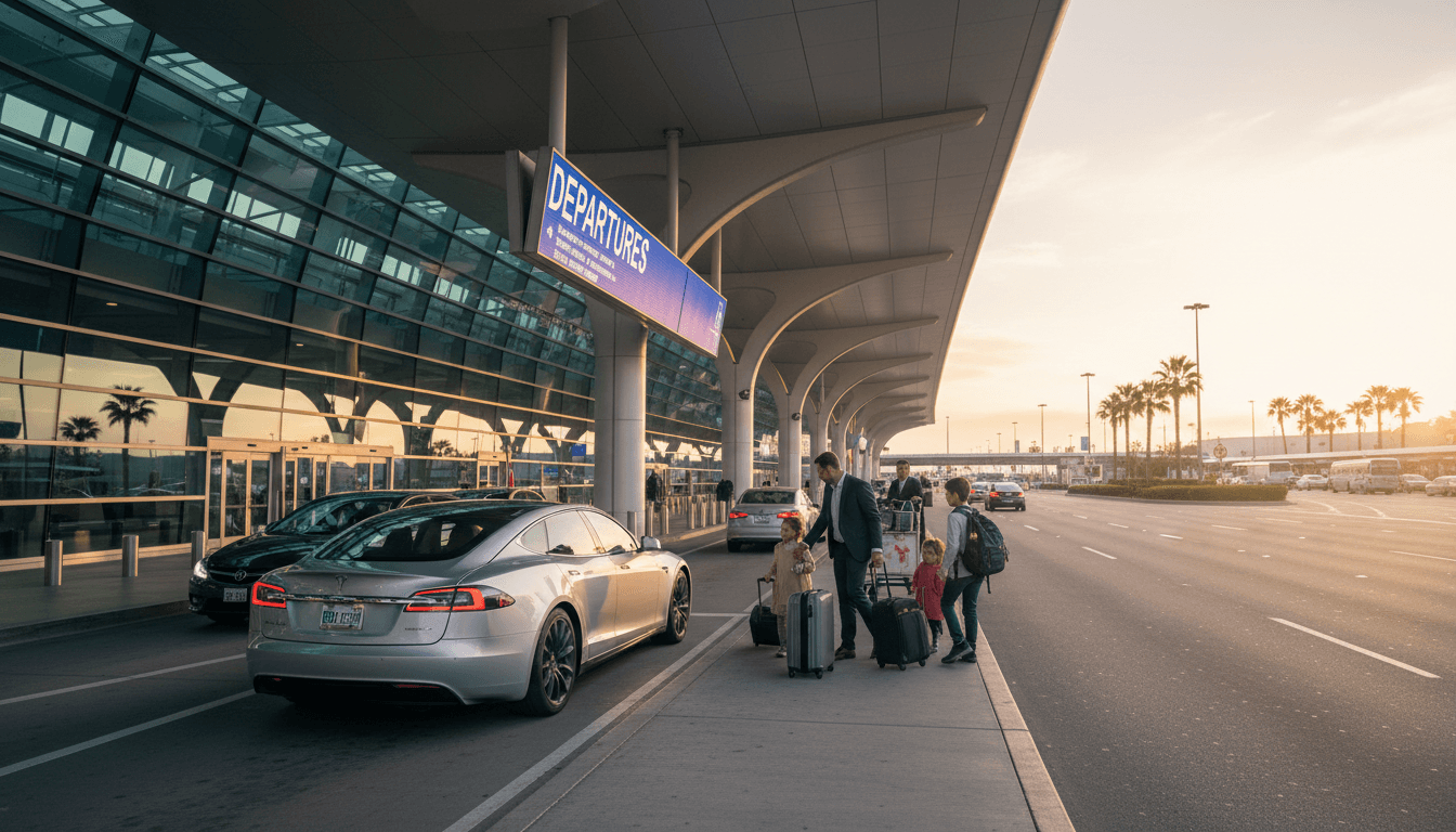 car pulling up to modern airport departure curb with passengers