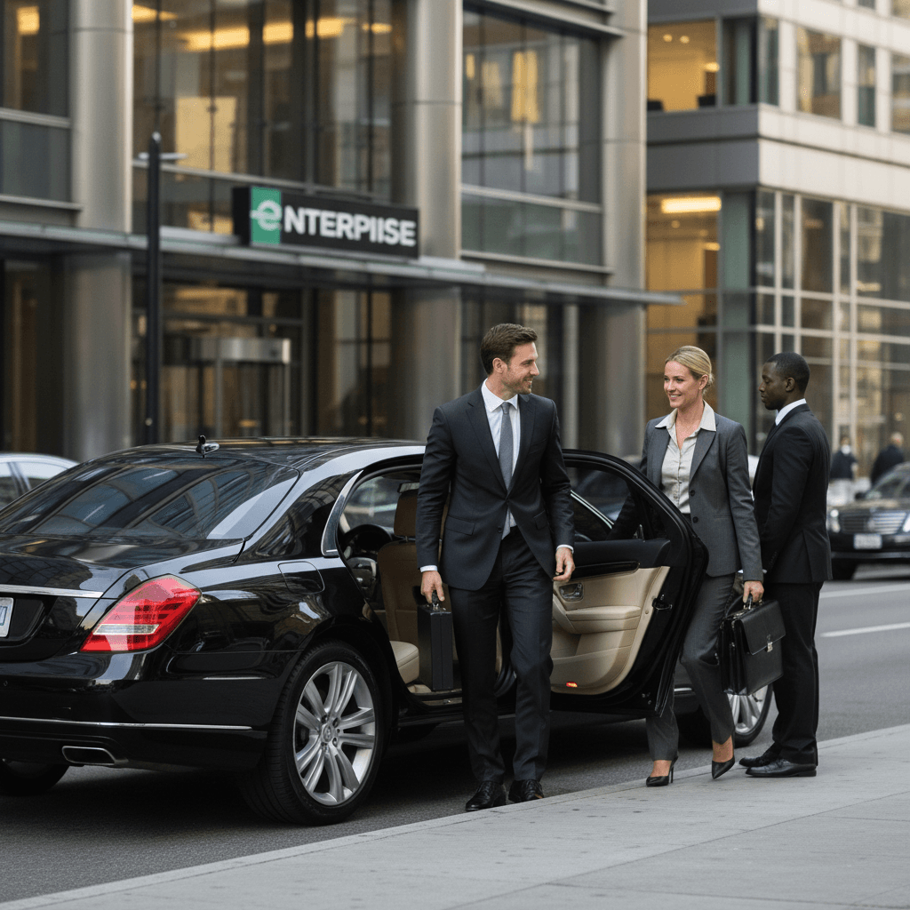 Business meeting: two professionals heading to a meeting in a comfortable sedan