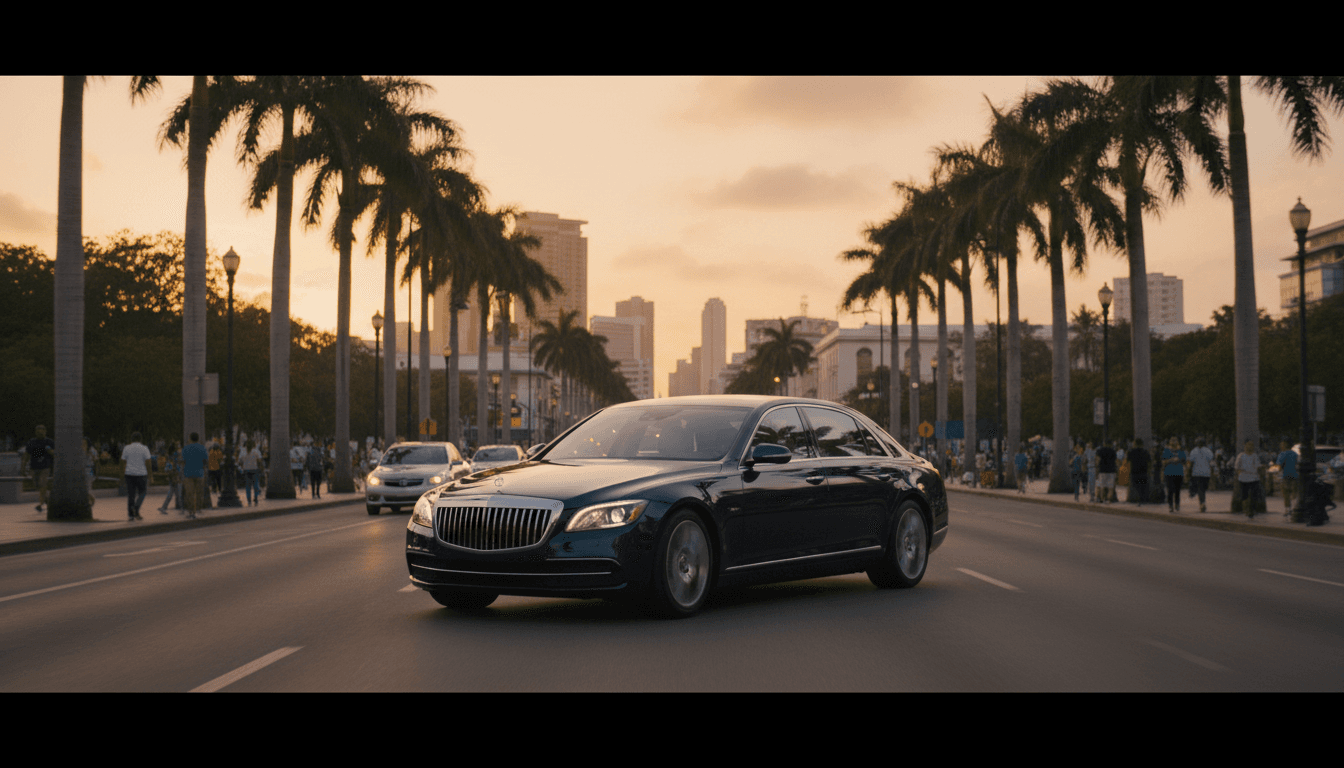 Luxury sedan driving through a Caribbean city street at dusk with warm lights and palm trees