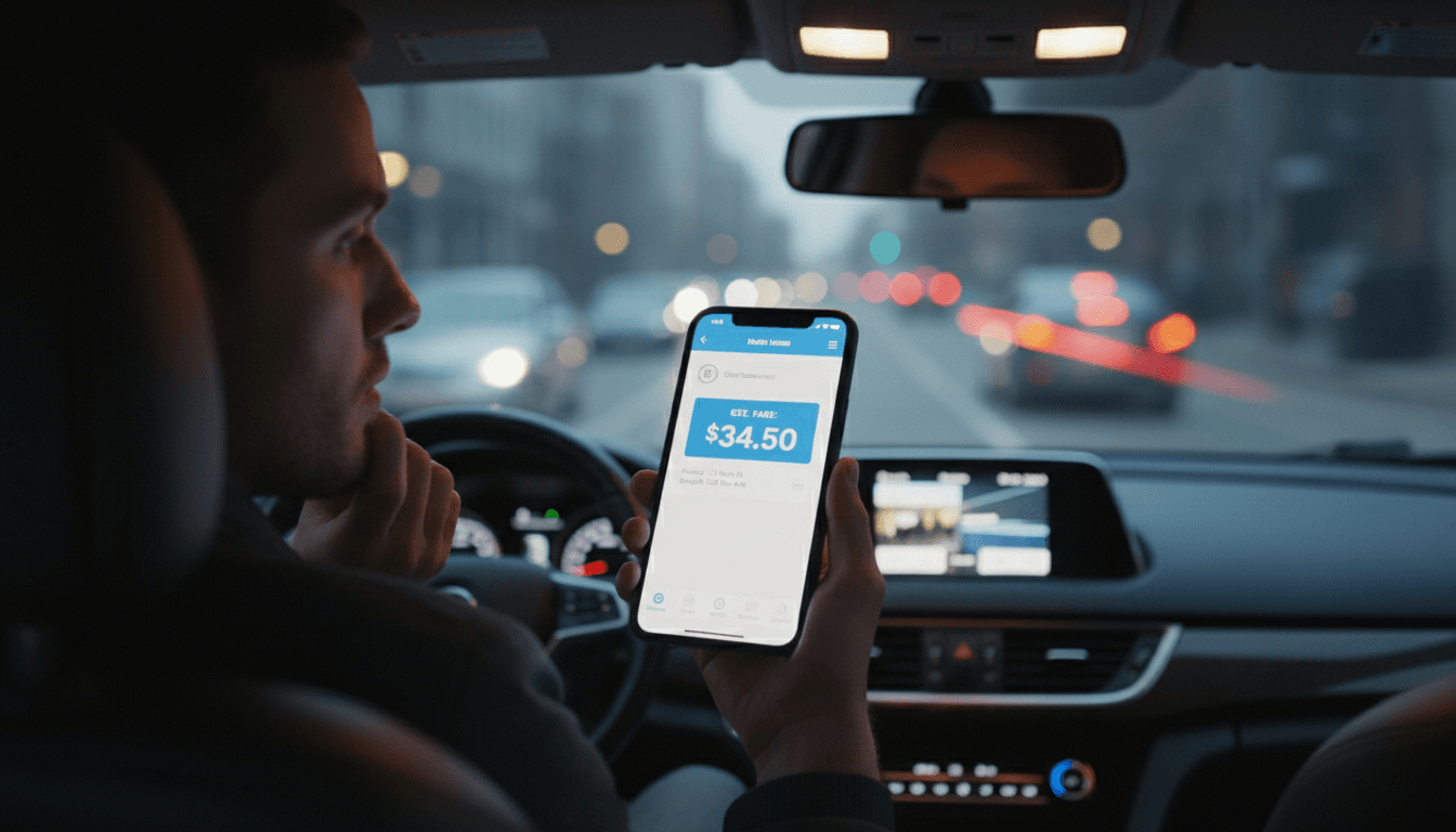 passenger looking at smartphone showing ride fare estimate in car