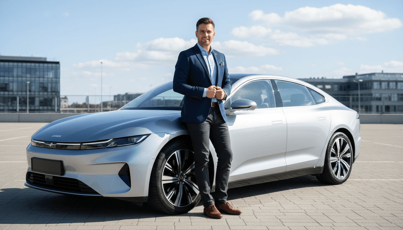Professional driver beside a clean modern sedan in daylight