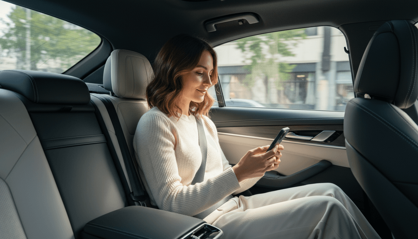 Woman looking at smartphone in backseat of a clean modern car during daytime