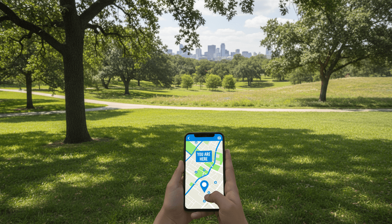 Person checking a digital map on a smartphone outdoors in a green park