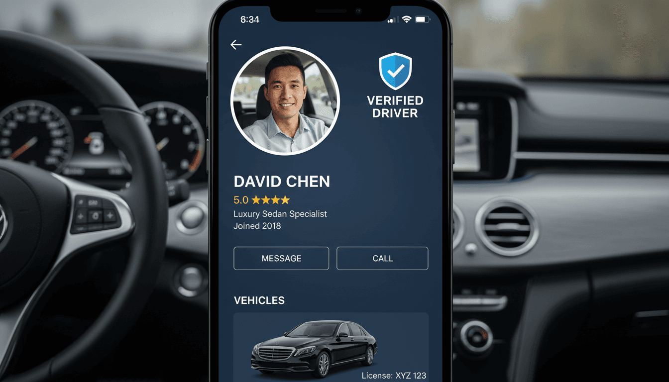 professional driver profile on a mobile app with verified badge and photo