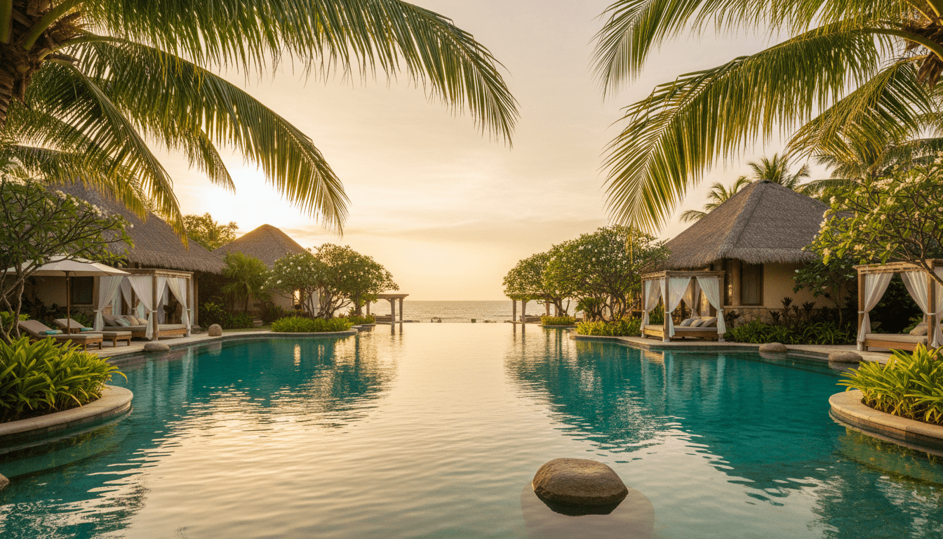 Serene tropical hotel pool and palms at golden hour