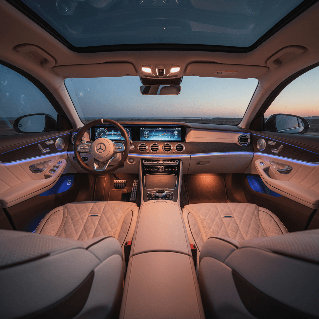 Interior de un vehículo moderno con asientos de cuero premium e iluminación ambiental al anochecer.
