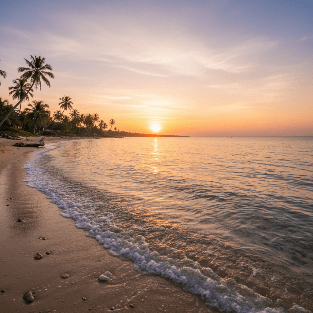 Serene tropical beach at sunset with gentle waves