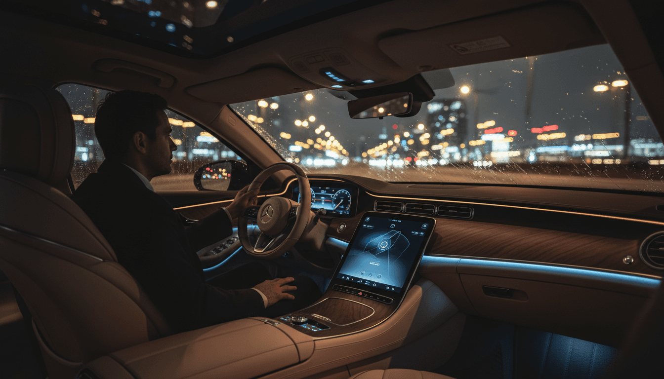 Silhouette of a driver waiting in a modern car interior at night