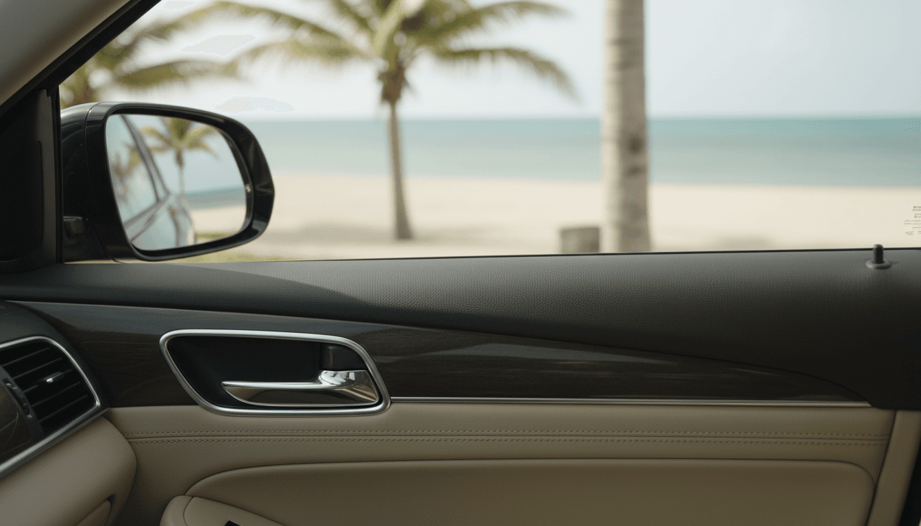 Close-up of car door handle and interior trim with coastline visible