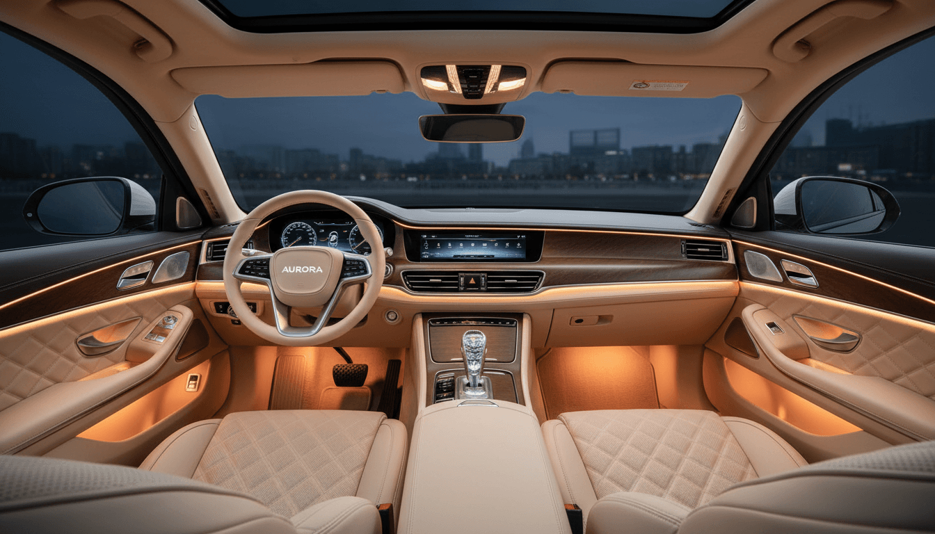 Luxurious car interior with leather seats and ambient lighting