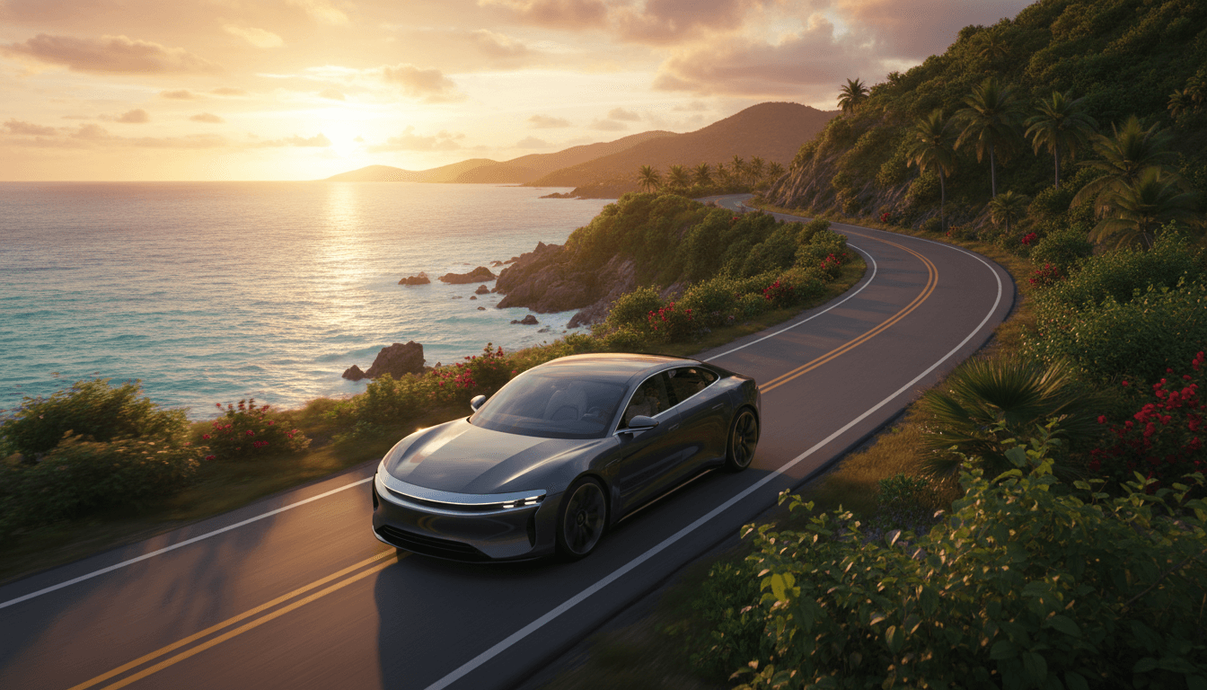 Luxury sedan on a coastal road at golden hour in Trinidad and Tobago