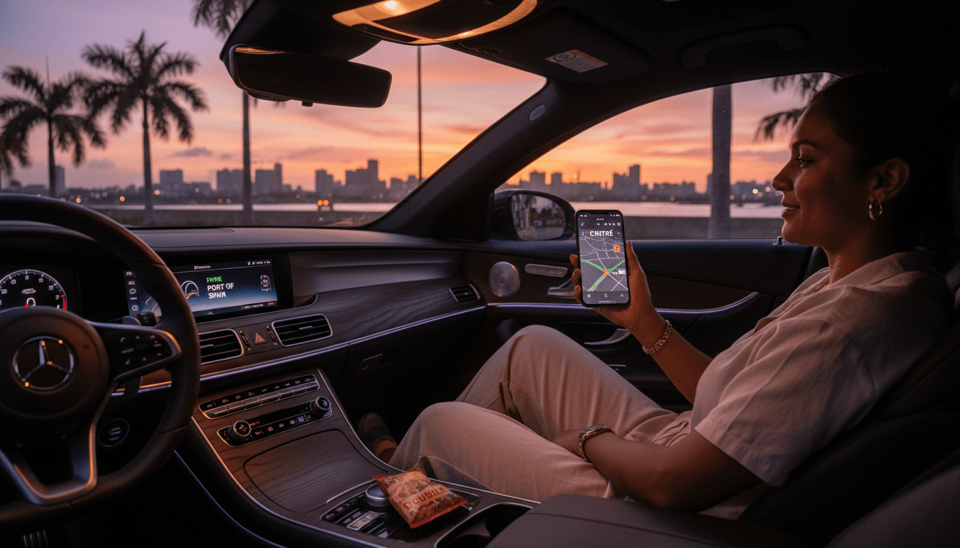 Driver looking at smartphone in a car with warm lighting