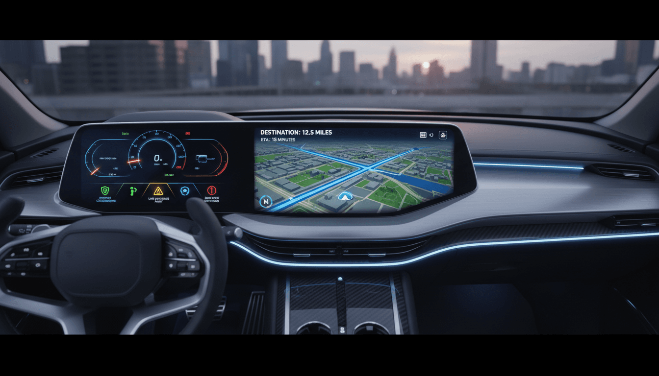modern car dashboard with digital safety icons and GPS navigation display