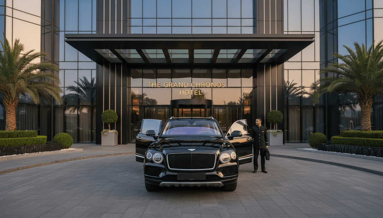 luxury black SUV parked in front of modern hotel entrance