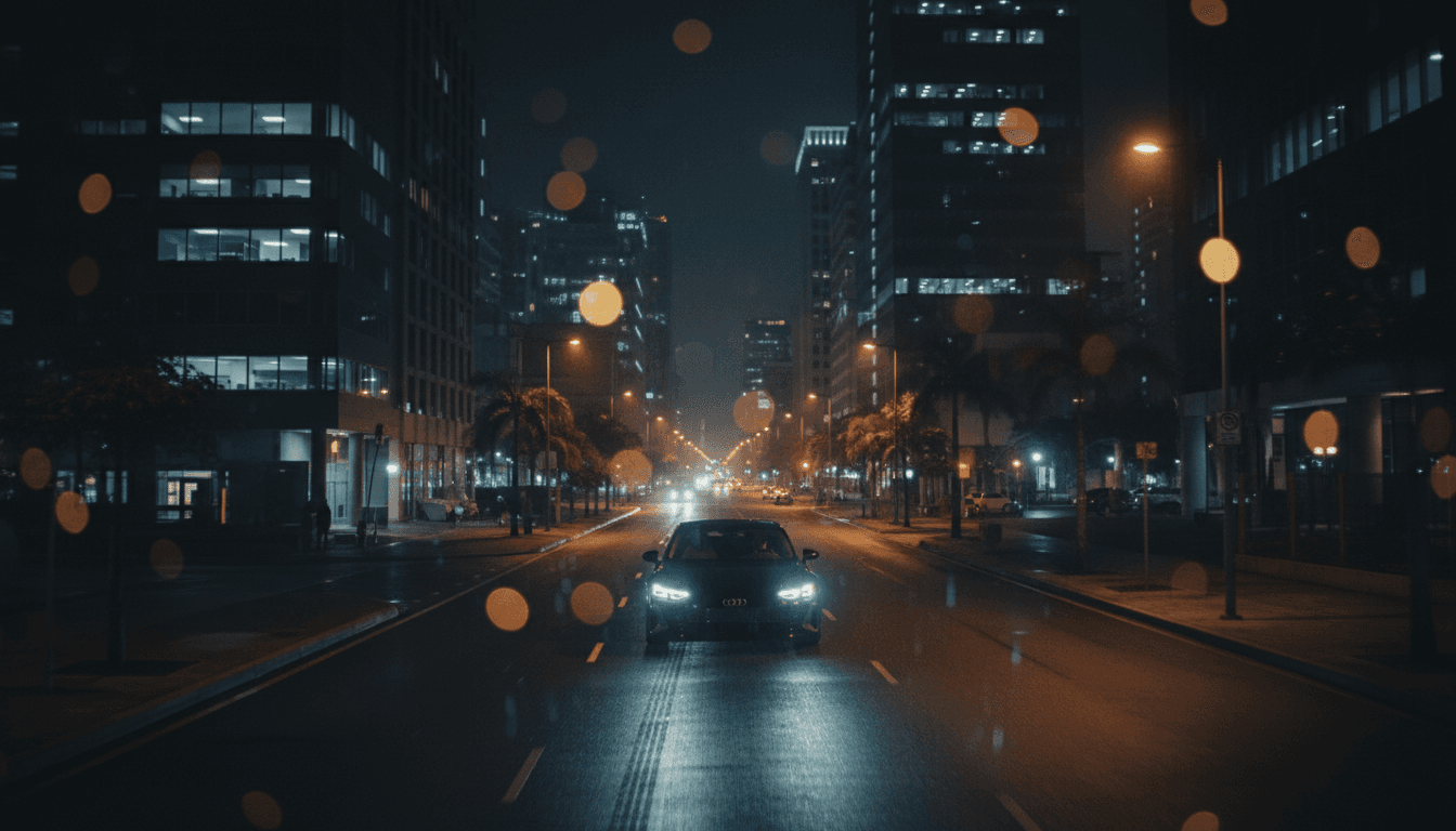 Luxury car driving through a city at night