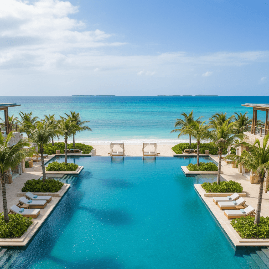 Resort de lujo frente al mar con piscina infinita y aguas turquesas del Caribe.