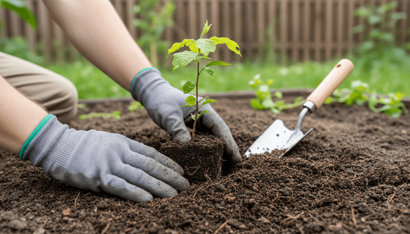 Hands planting a young tree seedling in rich soil