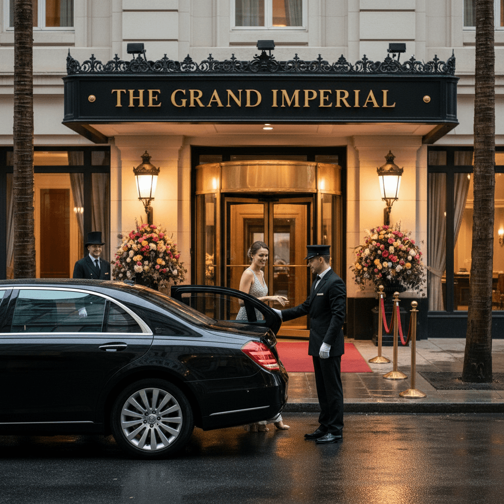 Hotel transport: a suited driver greeting a guest at a hotel entrance