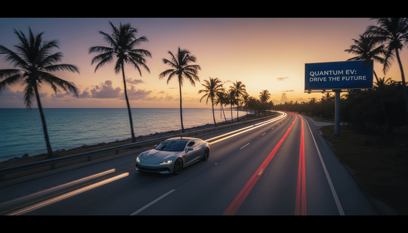 Luxury car driving along a coastal Trinidad highway at dusk