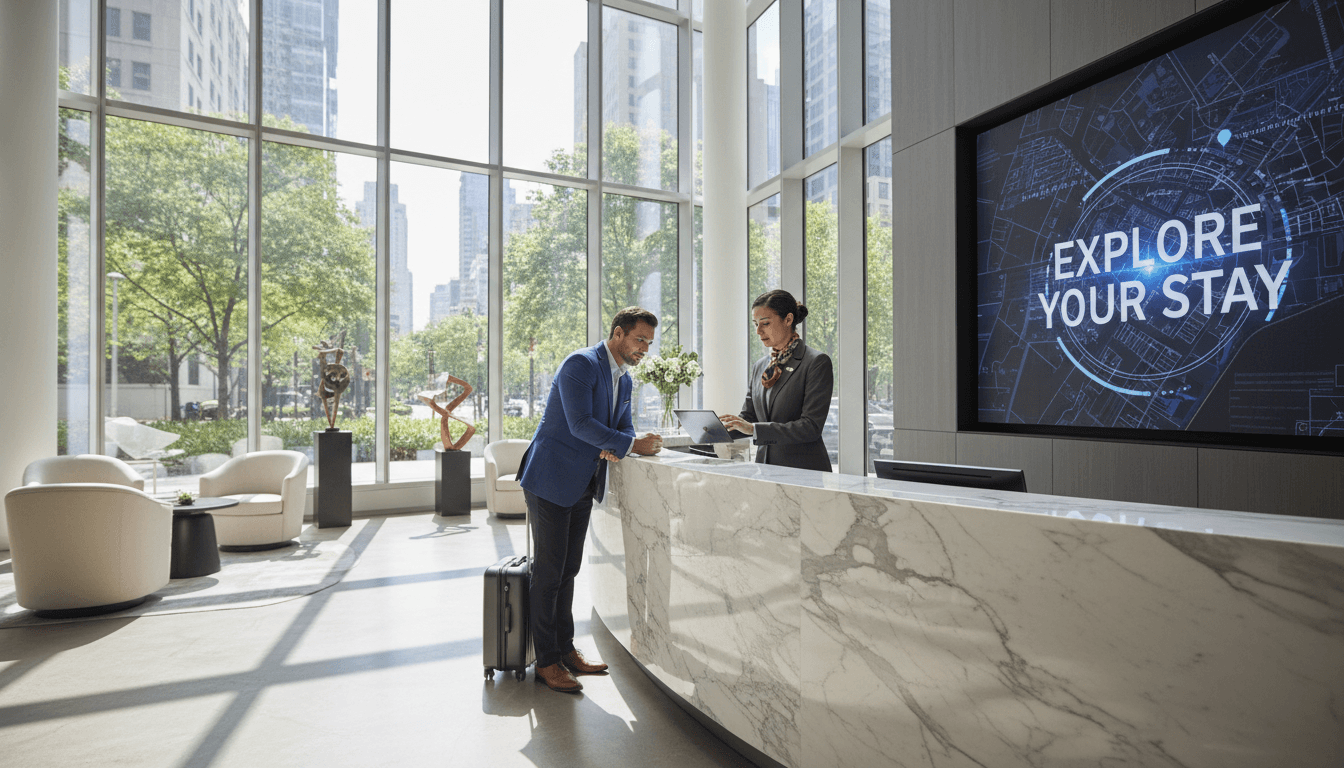 Hotel concierge assisting guest with a tablet in a modern lobby