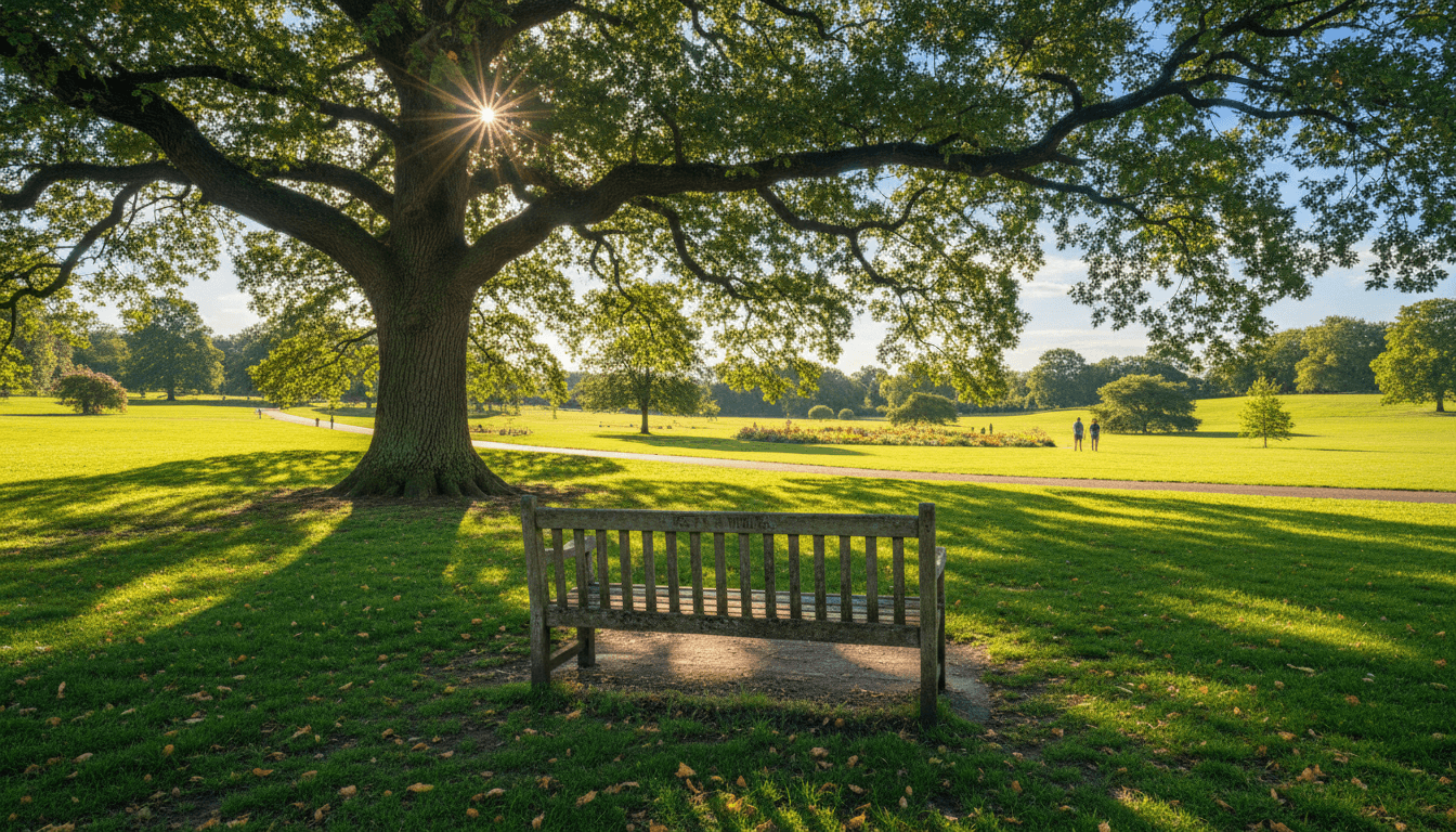 Wooden park bench under a large shady tree in a sunny green park