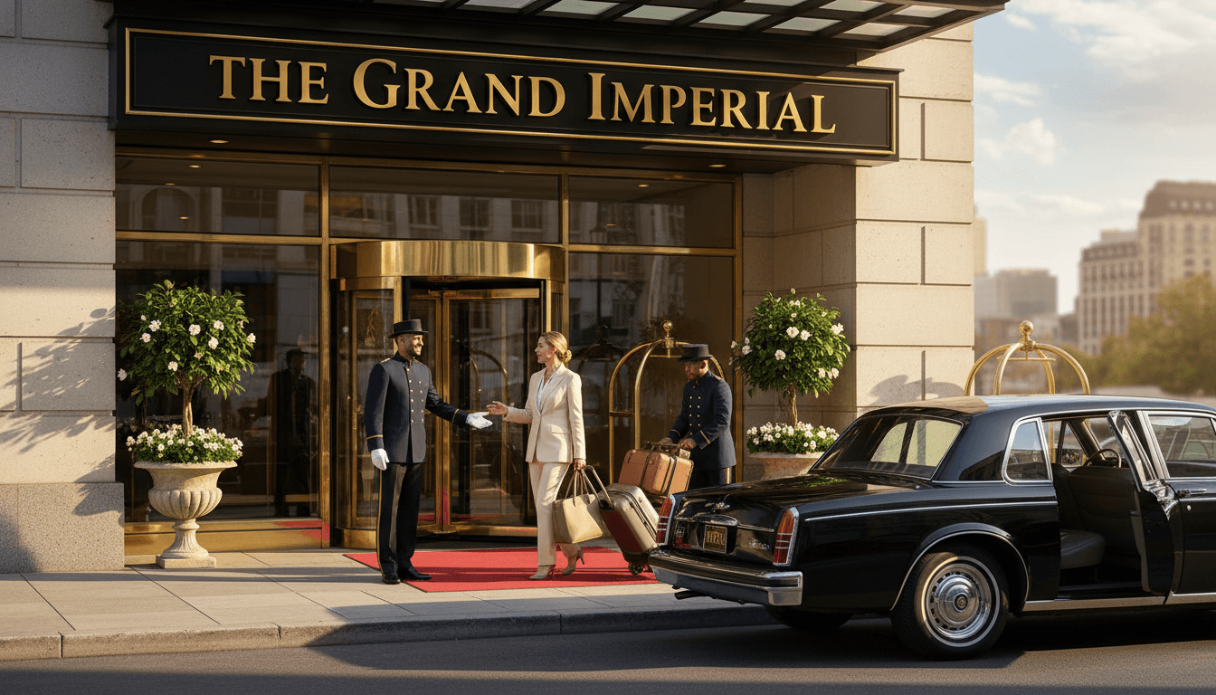 Hotel entrance with doorman welcoming arriving guest with luggage