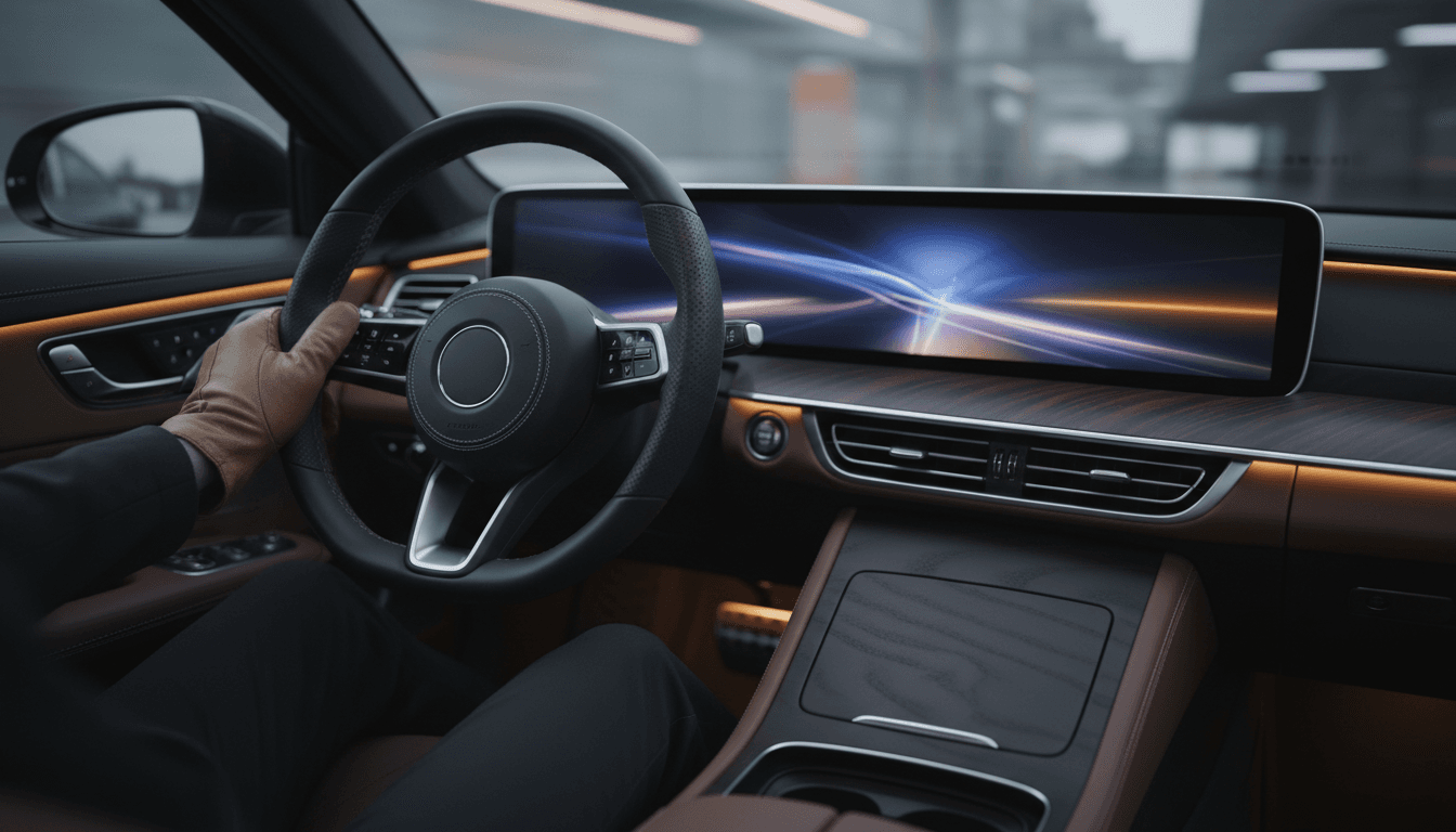 Driver's hand on a luxury car steering wheel with dashboard lights