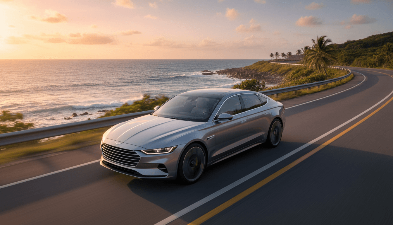 Modern car driving on a scenic coastal road at sunset in Trinidad