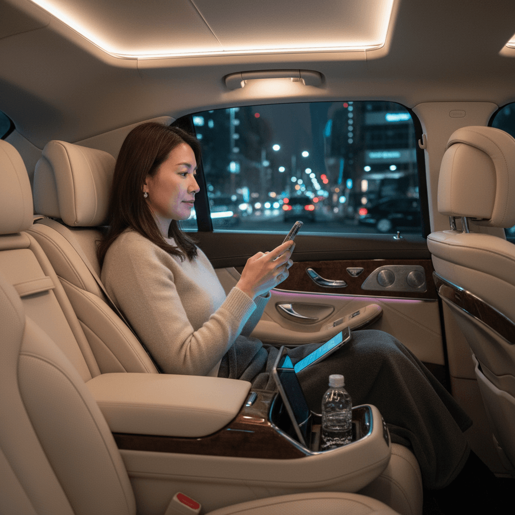 Passenger checking phone in premium sedan, ambient interior light