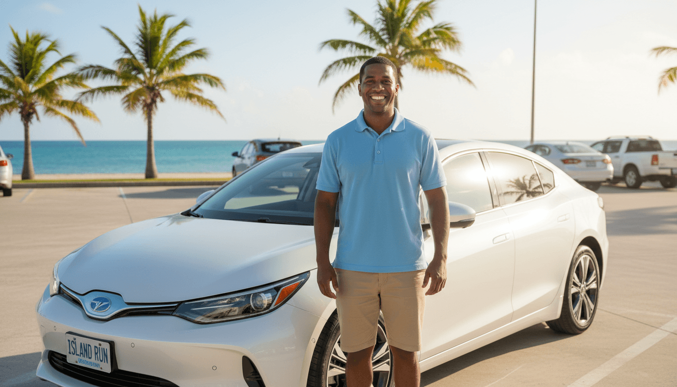 Professional driver beside a modern sedan in bright sunlight
